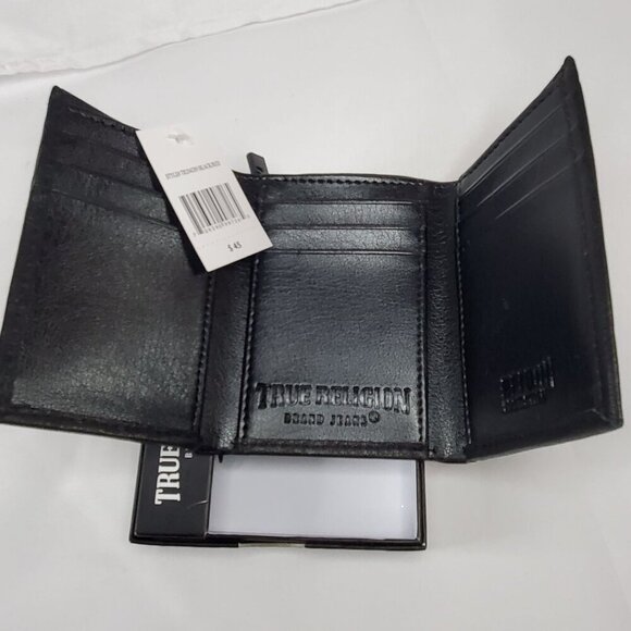 True Religion Mens Black Leather Wallet Trifold RFID Protection & Gift Box - Picture 2 of 4